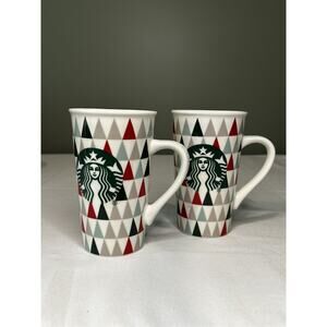 Starbucks Holiday Christmas Tree Triangle Tall Coffee Cup Mug 16oz Set of 2